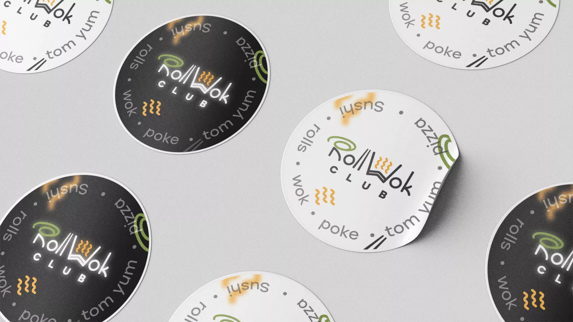Разработка дизайна наклеек для суши-бара «Roll Wok Club» в Майском